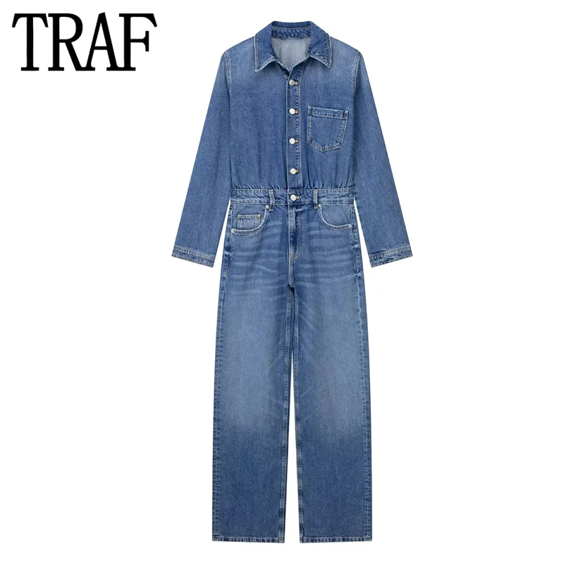 

TRAF Blue Denim Jumpsuit Women Elegant Long Jumpsuits Woman 2023 Long Sleeve Jean Woman Jumpsuit Straight Leg Summer Overalls