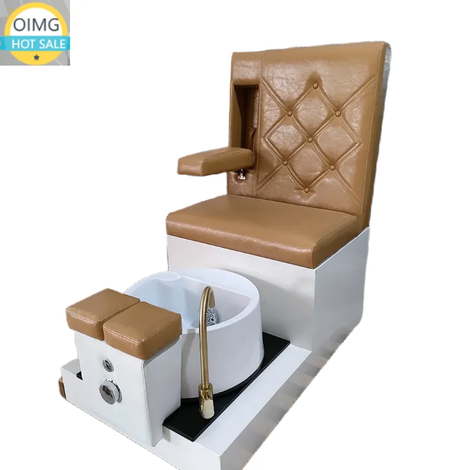 Double Seats Khaki Color Leather White Base Foot Spa Bench Station With Pedicure Bowl for Salon Nail Shops