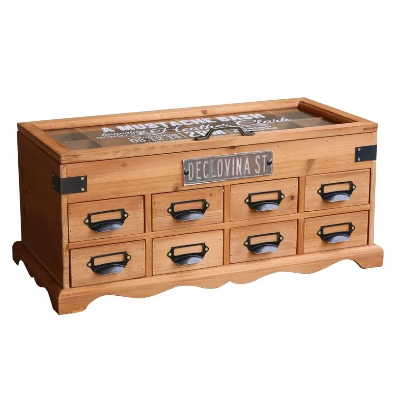 

Vintage Style Wooden Storage Box with Glass Top, 8 Drawers and 12 Compartments, 21.8 x 8.3 x 9.4 inches