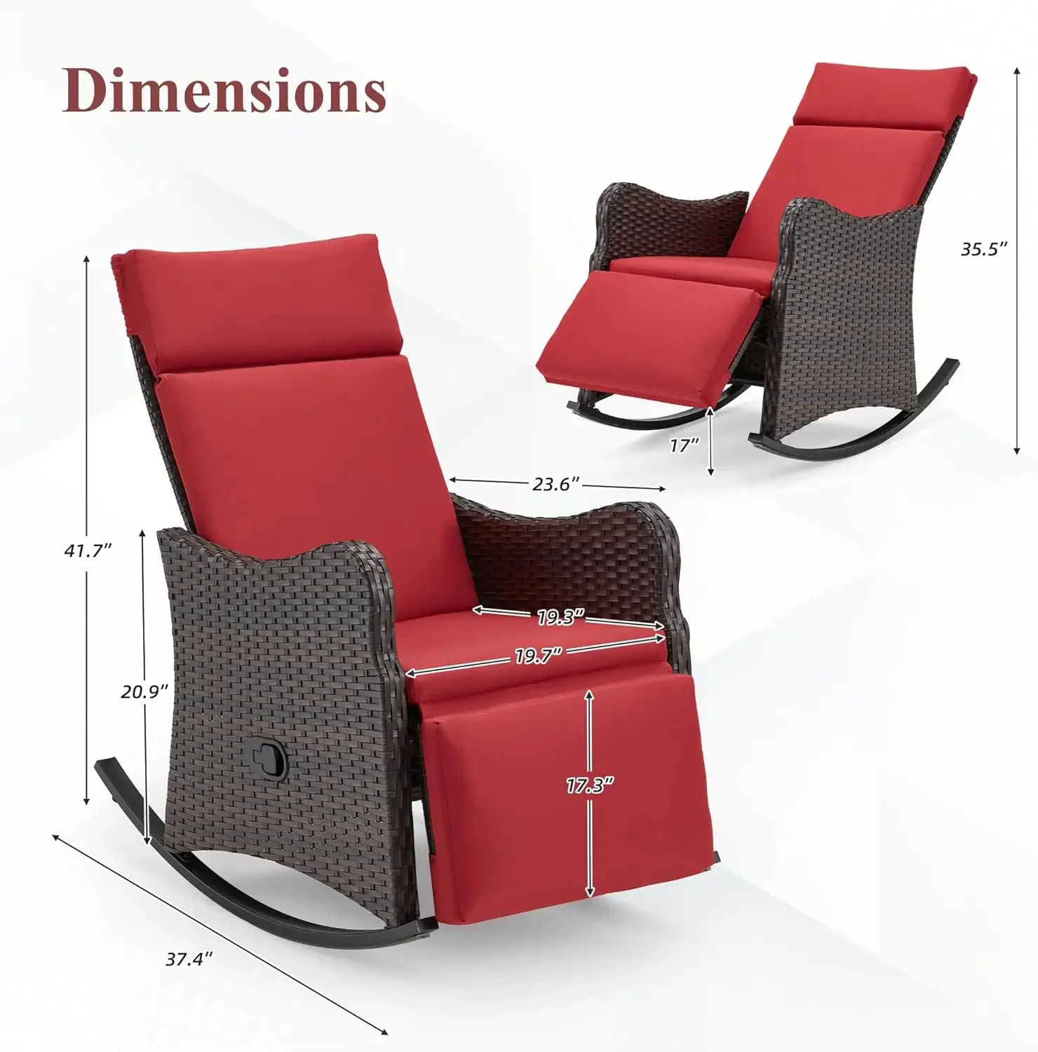 GYUTEI Outdoor Recliner Chairs Set of 2, Rocking Chair with Soft Removable Cushion, Lounge Chair with Footrest, Wine Red