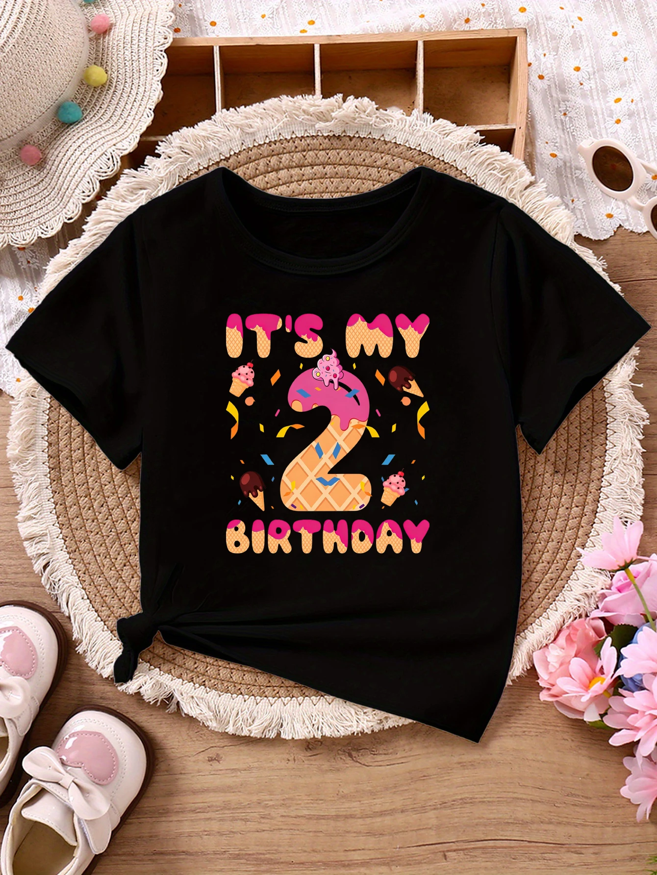It Is My 2nd Birthday Ice Cream Printed T Shirt Girls The Best Birthday Gift T-Shirt Kawaii Kids Clothes Summer T-Shirt