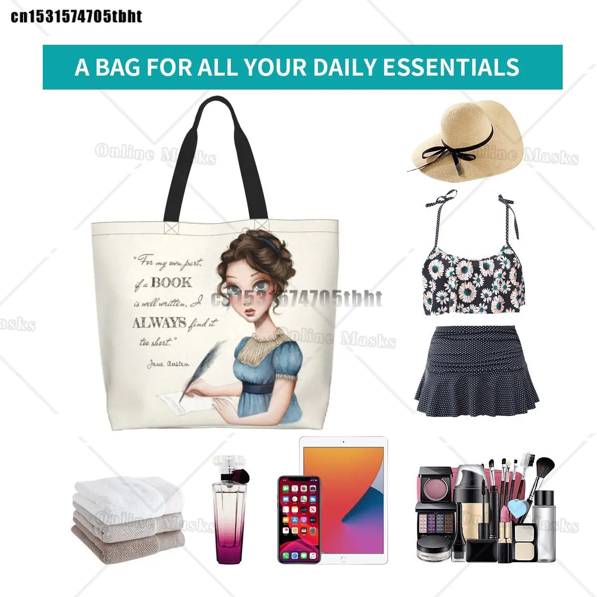 Personalizado jane austen escrita livro lona sacos de compras feminino reutilizável grande capacidade mantimentos escritor romance shopper sacolas