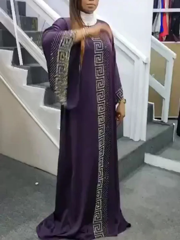 Elegant Fashion Purple African Dresses Flare Sleeve Diamonds Islamic Clothing Abaya Muslim Robe Long Maxi Party Dress Vestidos