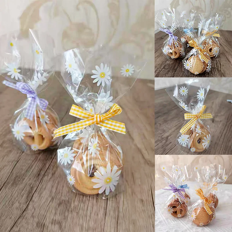 50/100pcs Daisy Flower Candy Bags Transparent Cookie Biscuit Baking Packaging Bag Wedding Birthday Party Gifts Wrapping Supplies