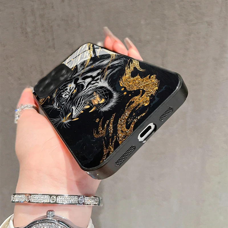Fashion Golden Tiger Pattern Tempered Glass Phone Case For iPhone 17 16 15 Pro Max 14 13 12 11 17Air 16E 7 8 Plus XR XS X Cover