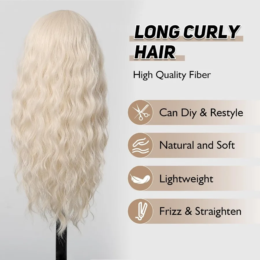 طويل البلاتين شقراء مجعد بيروكات صناعية مع الانفجارات للنساء والفتيات ألياف مقاومة للحرارة متموجة الأبيض قطع الشعر للحزب D #5