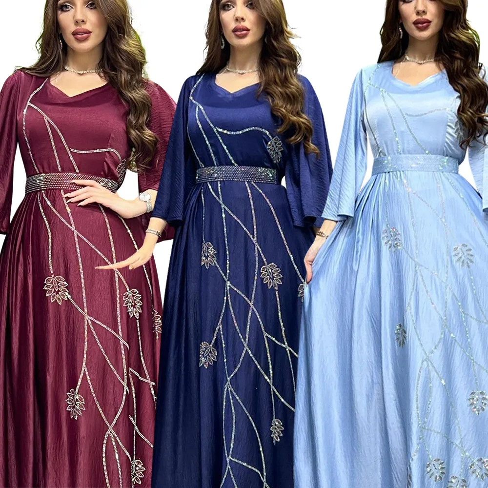 Turkey Muslim Dress Women Abaya Diamond Lace-up Party Dresses Moroccan Kaftan Ensemble Femme Musulmane  Hijab Vestidos