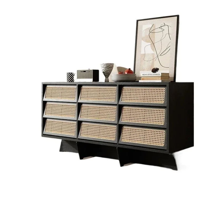 Nordic rattan nine chest cabinet simple living room entrance cabinet Japanese solid wood