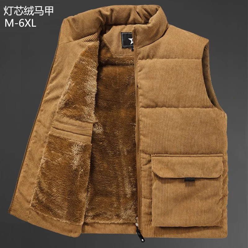 Winter Outdoor Men Thicken Plush Corduroy Vest New Warm Sleeveless Jacket Unisex Multi Pocket Down Cotton Waistcoat Coats