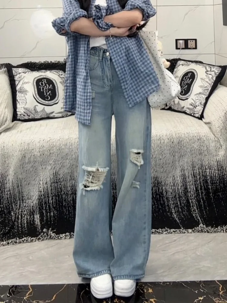 

Retro American Spicy Hole Denim Jeans Women Summer Thin Street Style Slim Straight Floor-Length Pants Trendy High Waist