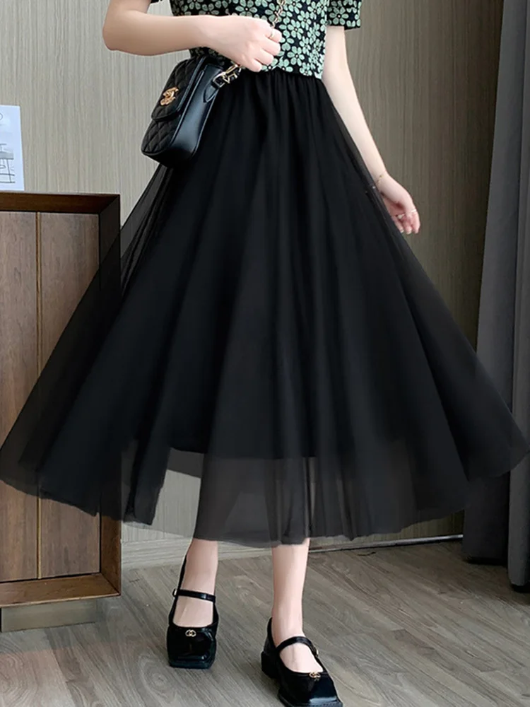 New Ladies Casual A-Line Long Skirt Fashion Summer Midi Skirt Women White Black Coffee High Waist ElasticFemale