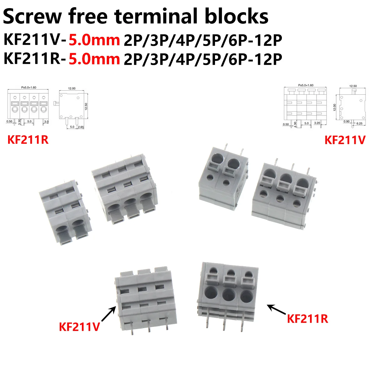 

10PCS KF211V straight pin /211R curved pin 5.0MM 2p 3p 4p 5p 6p 7p 8p 10pin 11 12pin spring type PCB wiring terminal