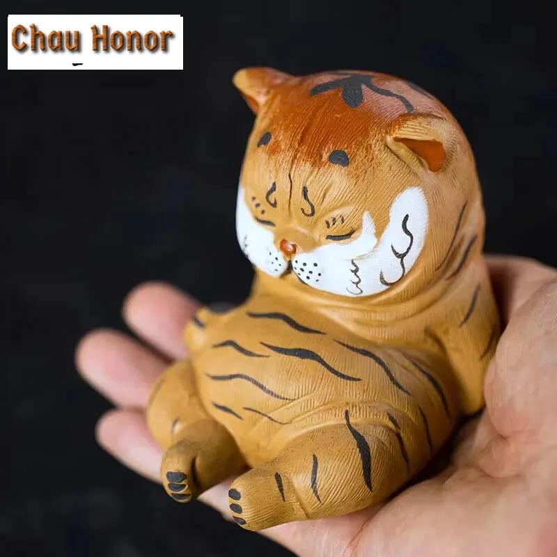Yixing Handmade Sculpture Purple Clay Tea Pet Cute Tiger Statue Lucky Tea Figurine Ornaments Crafts Chinese Tea Set Decoration