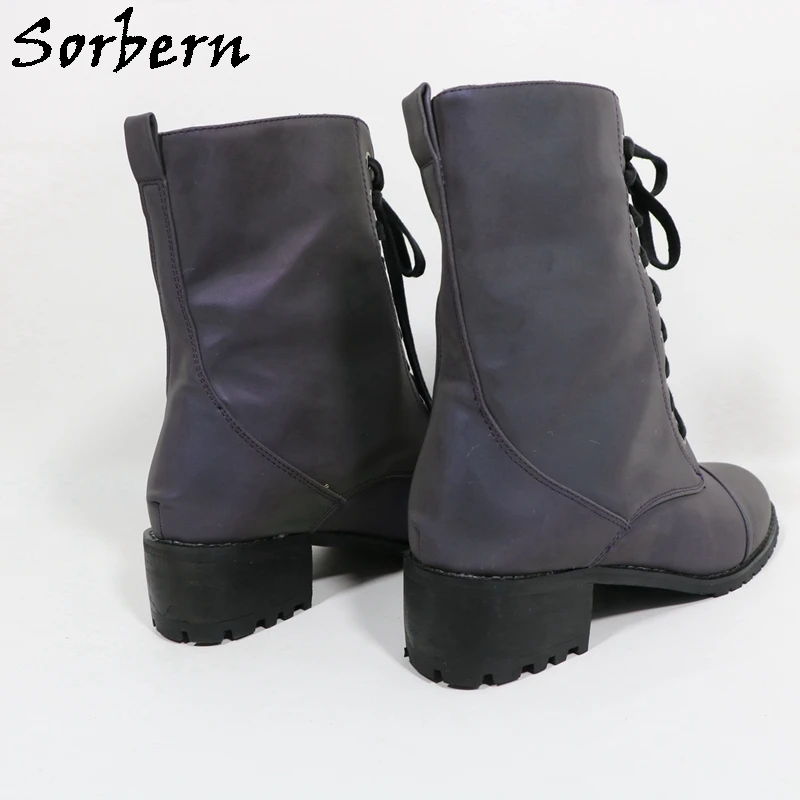 Sorbern Black Reflective Ankle Boots For Women Square Low Heels Round Toe Unisex Style Short Booties Lace Up Custom Color