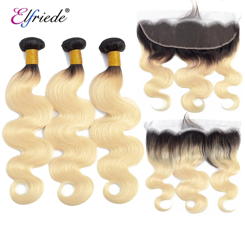 

Elfriede #T1B613 Blonde Body Wave Bundles with Frontal Brazilian Remy 100% Human Hair Weaves 3 Bundles with Lace Frontal 13x4