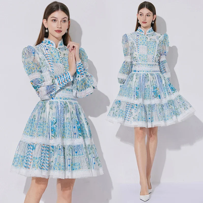 Fashion Long Sleeve Dresses for Women Print Stand Collar Women Dress Elegant A-LINE Dress Women Vestidos De Verano Mujer Q327