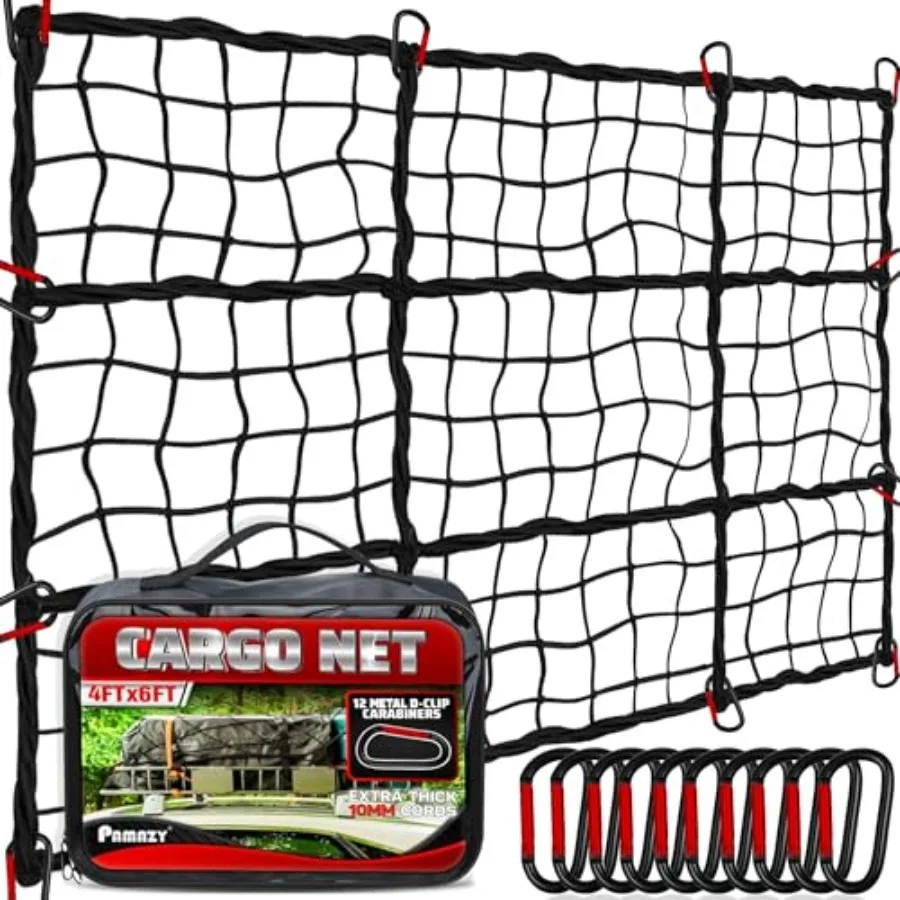 

4'x6' Heavy Duty Cargo Net Stretches to 8' x 12' Extra Thick 10mm Cord Bungee Cargo Netting for Pickup Truck Bed Roof Rack Net