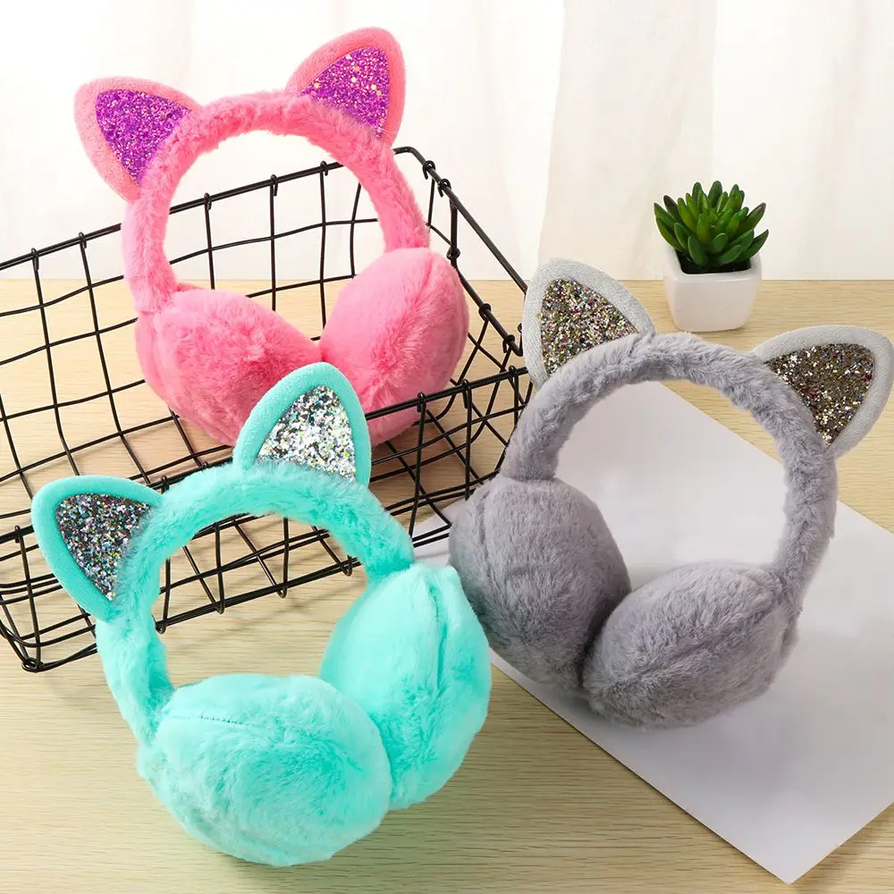 Winter Warm Earmuffs For Women Girls Cat Ears Cat Ear Ear Warmers Outdoor Earmuff Sequin Earmuffs Fluffy Earflap Headband