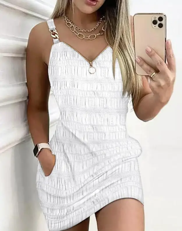 Women Casual Dress Zipper Design Textured Suspender Mini Dress 2024 Summer Latest V-Neck Sleeveless Pocket Vacation Short Skirt