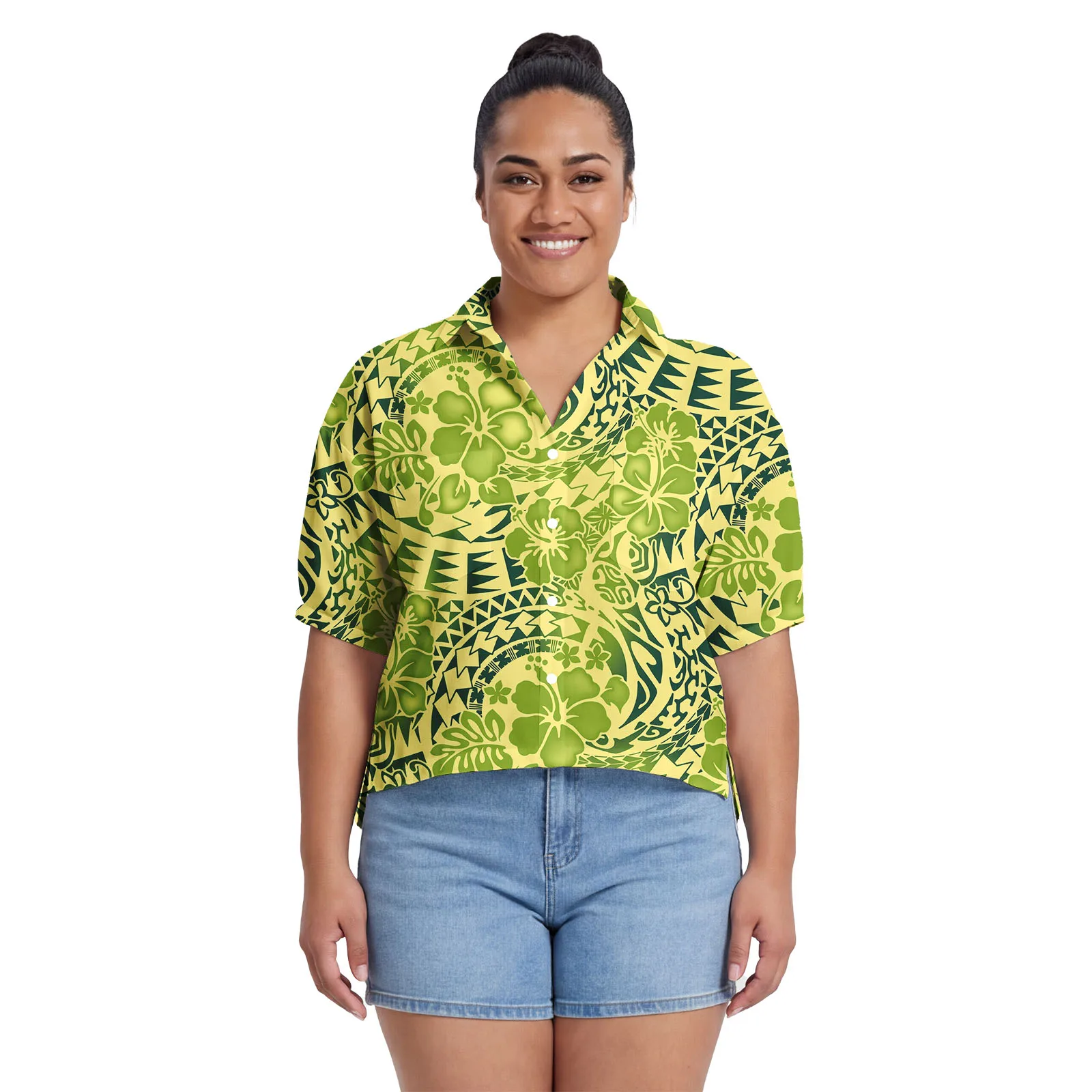 Asia & Pacific Islands Clothes Polynesian Lady Wear Aloha Shirt Samoan Slit Design Women Chiffon Top Ladies Shirt Custom Pattern