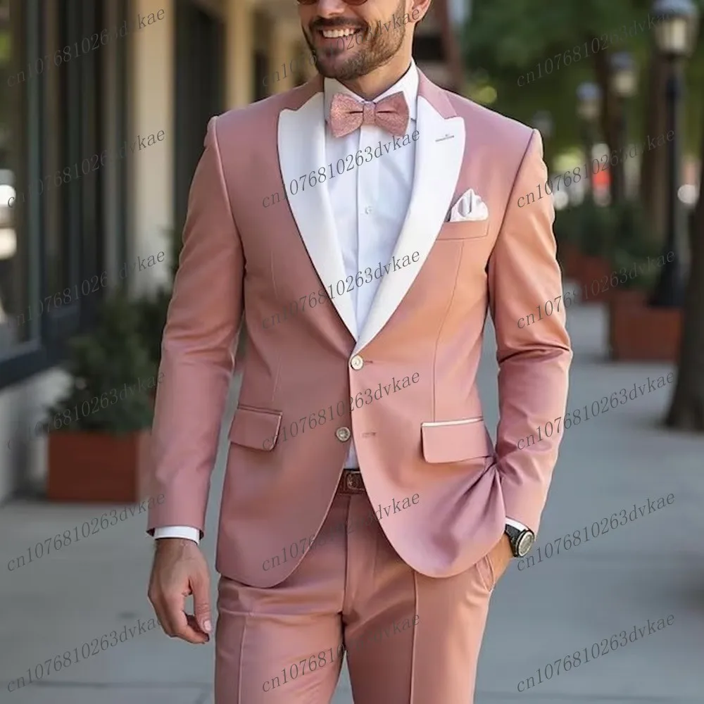 

White Collar Pink Men Suit Groom Groomsman Wedding Party Prom Formal Occasion Business Male Tuxedos 2 Piece Set Blazer Pants