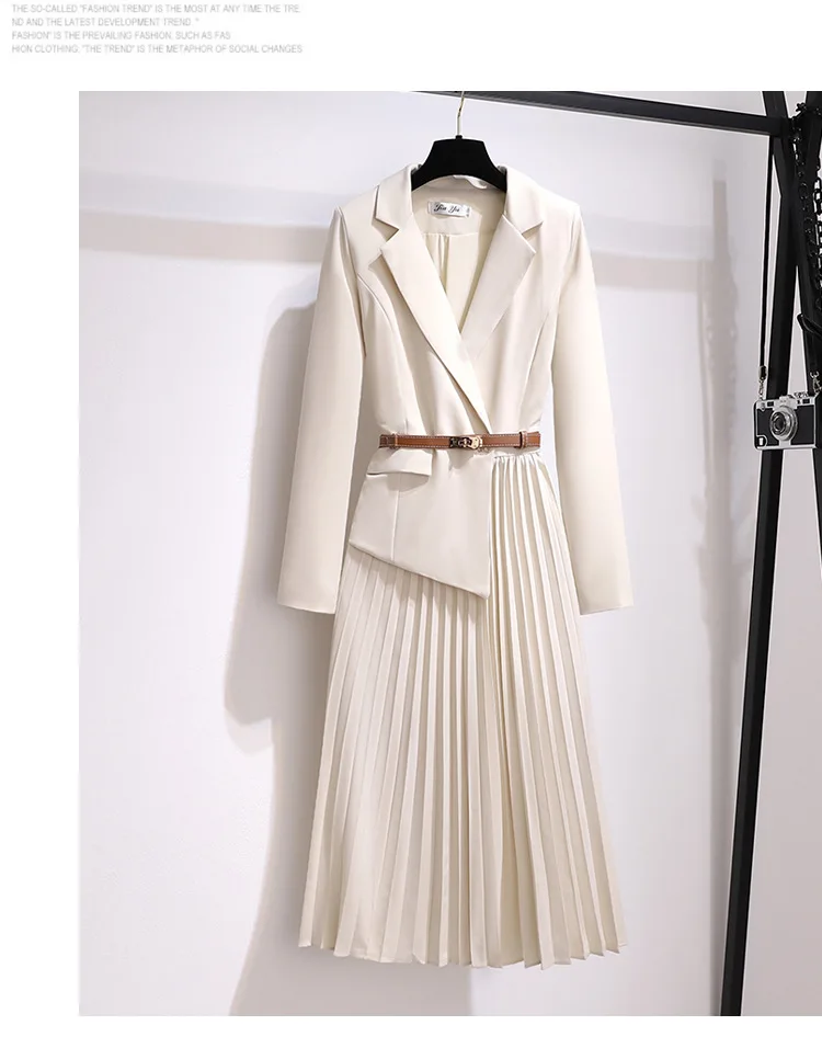 Elegant Suit Jacket Slim Pleated Suit Skirt Dresses Vintage Black Long Dress with Waistband White Office Lady Blazer Streetwear