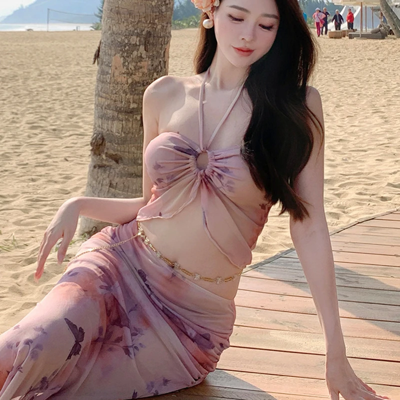 Sexy Pleated Seaside Holiday Strap Dresses For Women Printing Large Swing Long Dresses Summer Backless Casual Sundress Vestidos