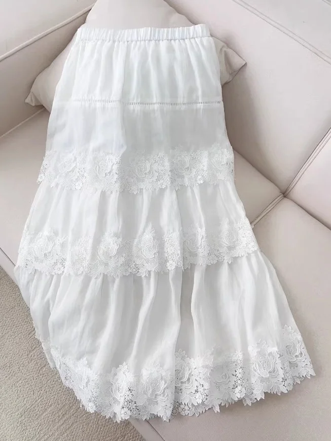 

Новая весенне-летняя белая кружевная юбка А-силуэта с эластичным поясом, длинная юбка из хлопка и льна, многоярусная юбка для женщин, модная новинка