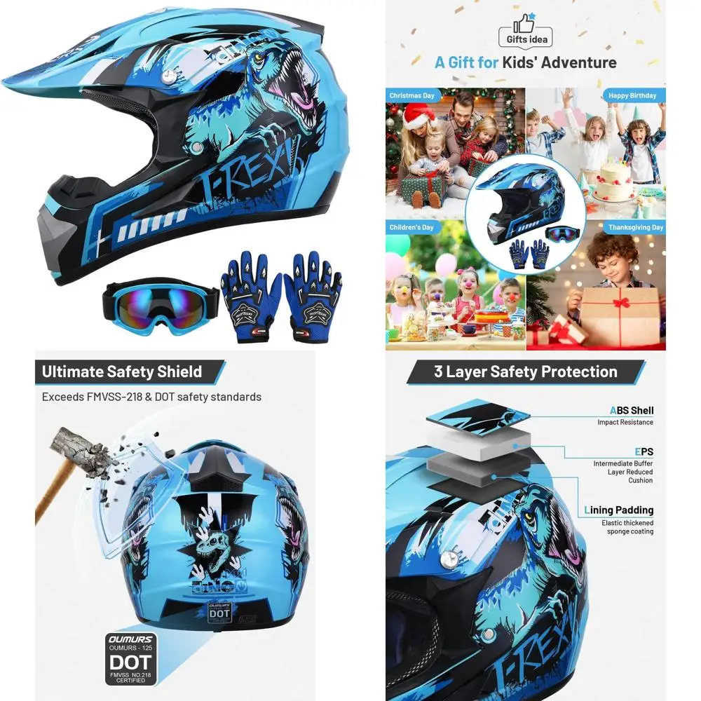 

Youth Dirt Bike Helmet with Goggles & Gloves for Ages 5-14, Suitable for ATV, Motocross, BMX, UTV, Offroad, Street Go Kart, Dino