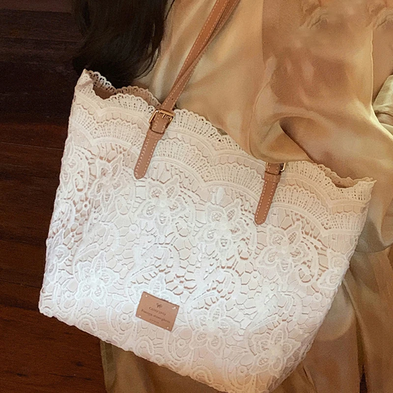 Women White Lace Flower Embroidery Tote Summer Seaside Travel Vacation Beach Bag Shoulder Retro Handbag