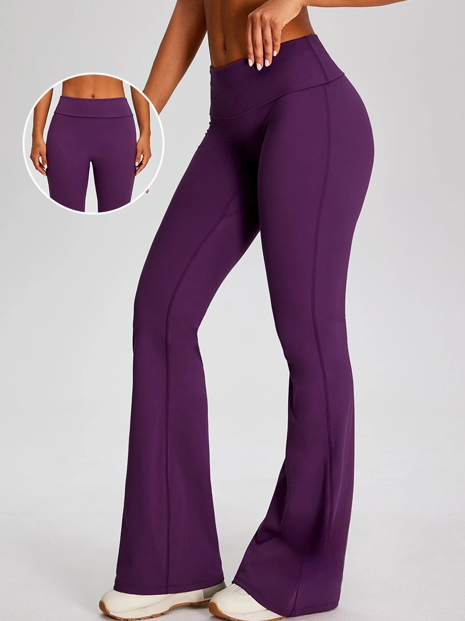 Yoga sports pants for women, fashionable turn-down waist and boot-cut pants, gathered butt lift fitness pants, casual sportswear