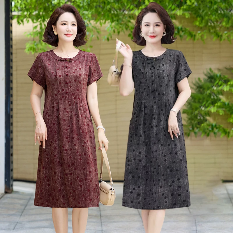 Damen Baumwoll-Rayon Kurzarm Midikleid Sommer Lässiges Locker Sitzendes Blattdruck-Kleid in Knielänge mit Punktmuster