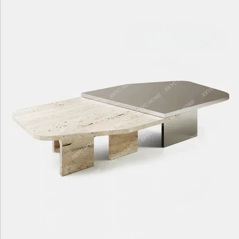 

M Medieval Coffee Table Combination Industrial Wabi Wind Natural Travertine Stainless Steel Coffee Table Minimalist