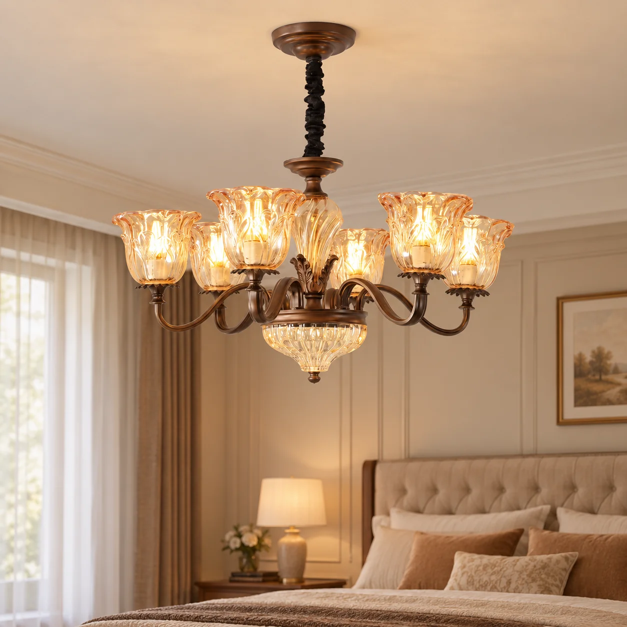 Vintage 6-Light Chandelier Rust Metal Frame Amber Embossed Glass Shade Pendant Light for Living Room Dining Room Home Decor
