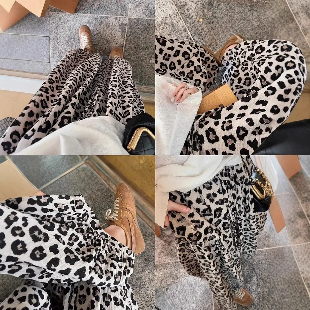 High Waist Leopard Print Pants Elastic Waist Lightweight Cropped Wide Leg Pants Cropped Length Breathable Loose Fit Trousers