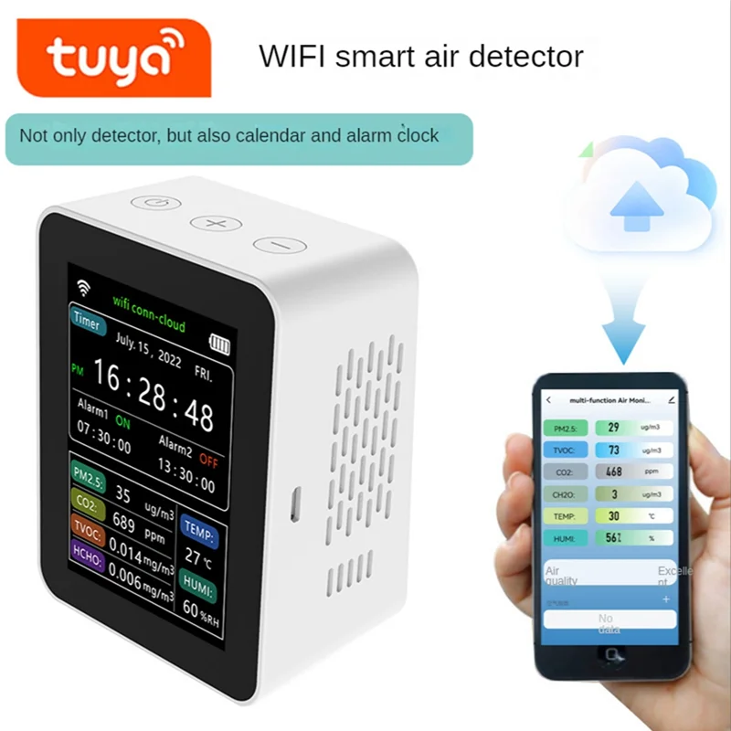 ABAC-Tuya Wifi 7 In 1 Smart Air Quality Monitor TVOC HCHO PM2.5 Tester Formaldehyde Gas Detector White