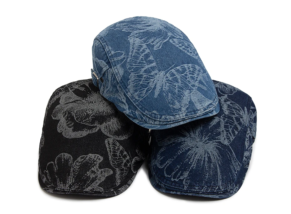 Vintage Denim Drucke Schmetterling Berets Frauen Zeitungsjunge Mütze Sommer Casual Single Layer Caps Herbst Baumwolle Visier Flachen Hut Für Unisex – Detail 1