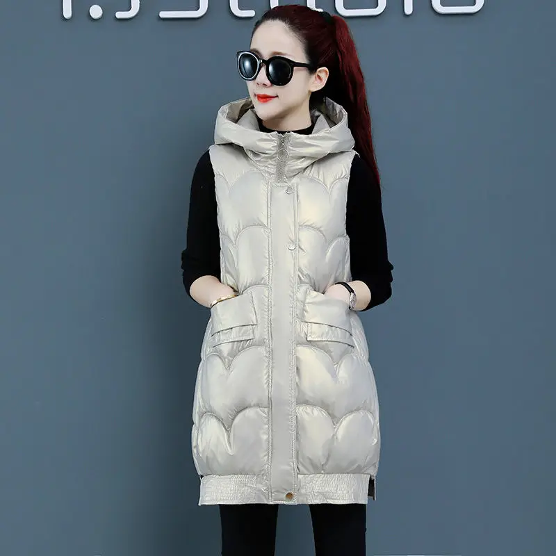 Fashion Korean Bright Down hooded Vest Coat Women Autumn Winter Long Waistcoat female Casual Thick Warm sleeveless jacket R031