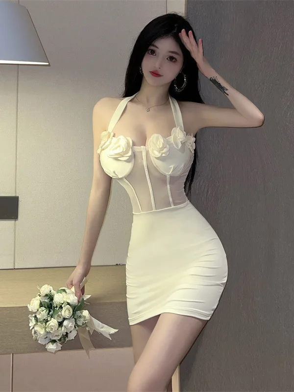 Sexy Pure Sweet Girl 3D Flower Mesh Hanging Neck Sexiest Dress Lace Erotic Porno Elegant Girl Corset Top Off Shoulder X983