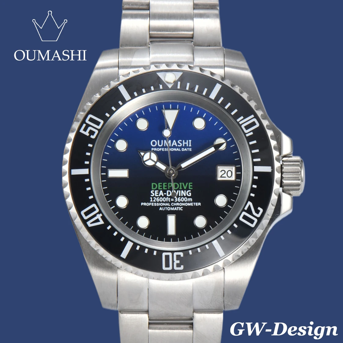 OUMASHI Design 44mm Men\'s Watch Sterile NH35A Movement Luminous Dial Sapphire Crystal Water Resistant Stainless Steel