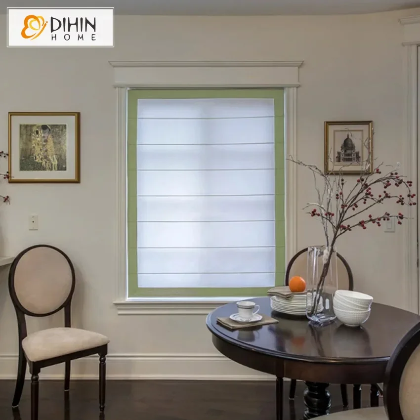 Modern Cotton Linen White With Green Four Border Trims Roman Shades Light Filter / Blackout Blinds Mechanism