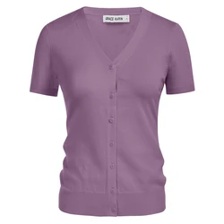 GK-cárdigan informal para mujer, suéter de manga corta con cuello en V, Tops de punto con botones, camiseta suave de punto para mujer 2024