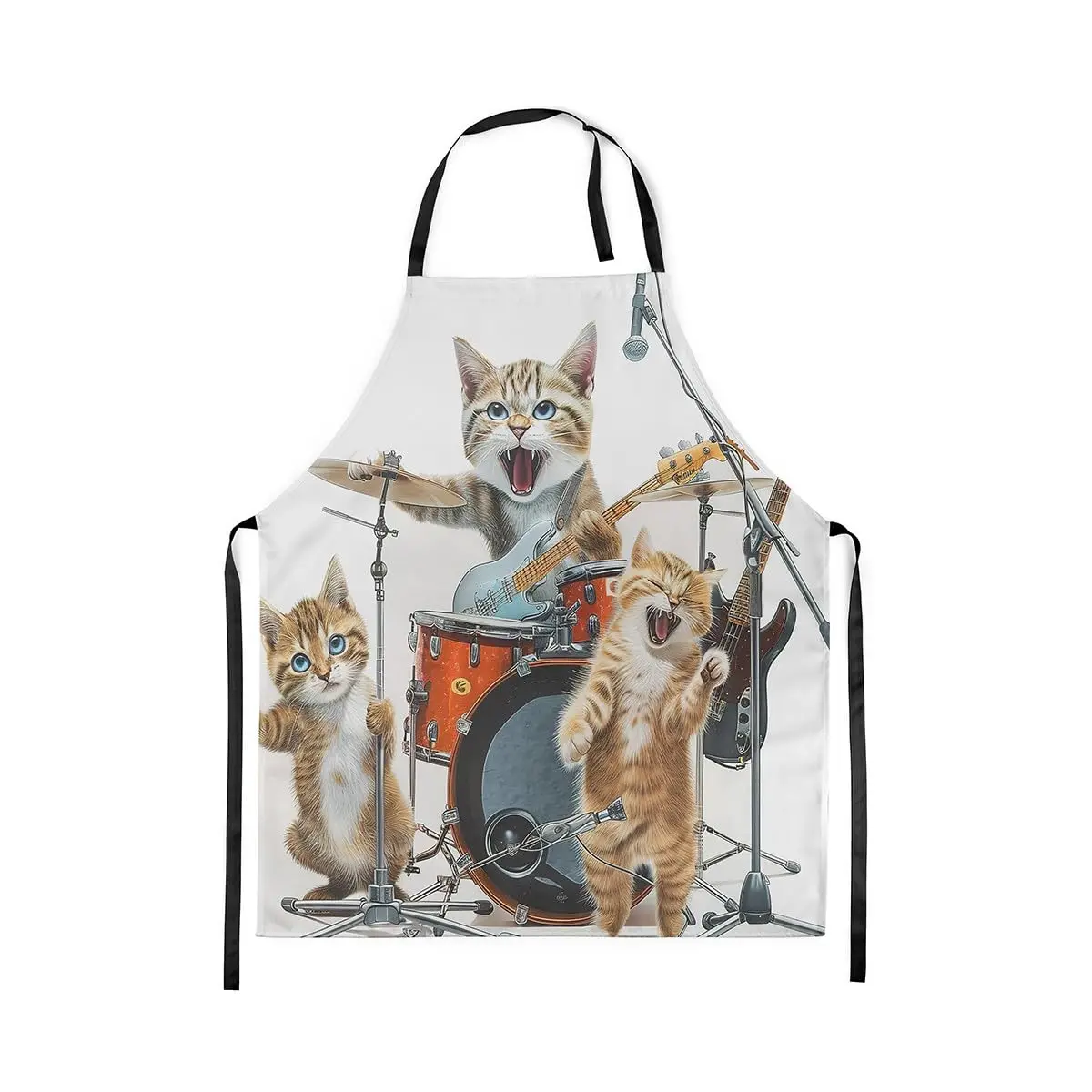 

Cat Band Kitchen Apron Cute Animal Drum Kit Guitar Apron for Adults Musical Instrument Print Music Theme Modern Waterproof Apron