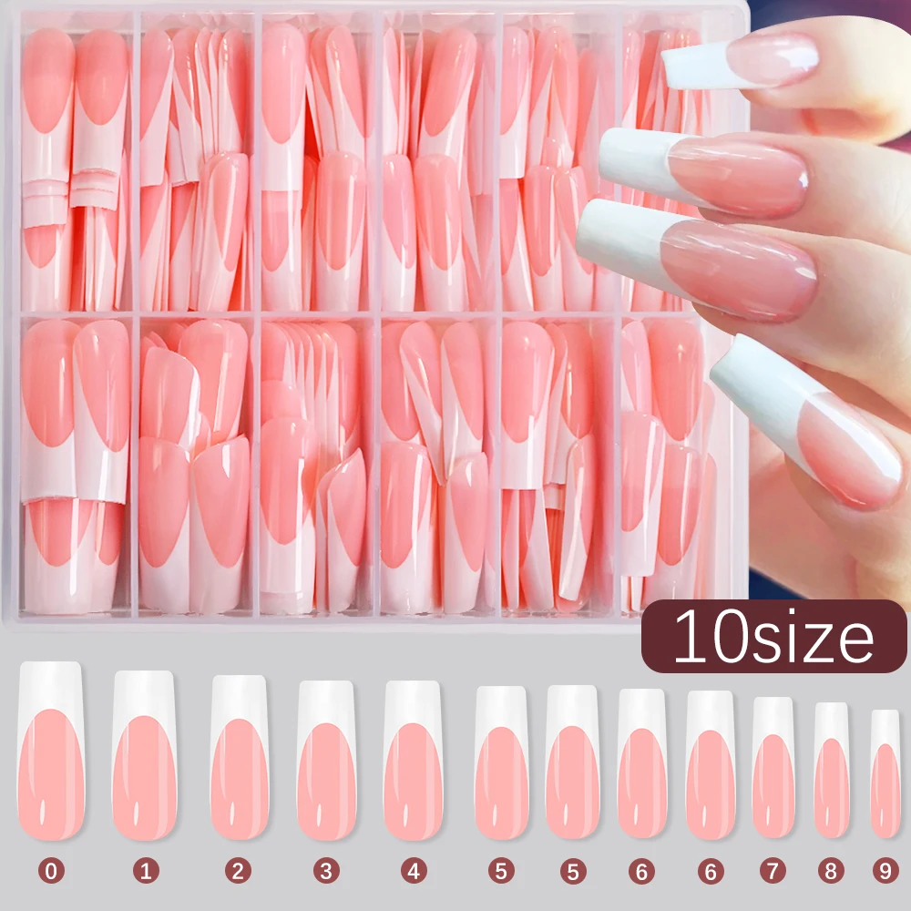 240pcs Oily Sheen Long Square French False Nails High Gloss Pink Wide White-tipped Press On Nails Full Cover Square Fake Nails