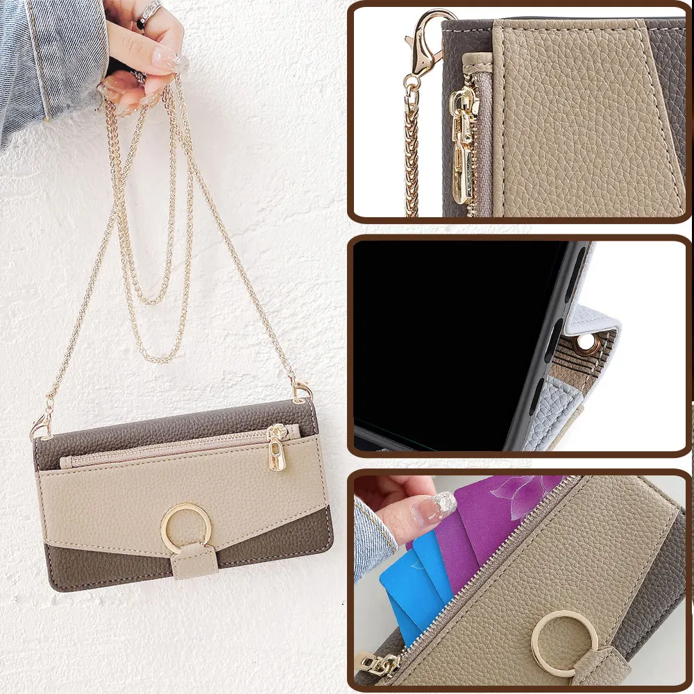 Business Crossbody Phone Case for iPhone 17 Pro Max iPhone 17 Air 16E Flip Cover Zipper Wallet Case Metal Chain Shoulder Strap
