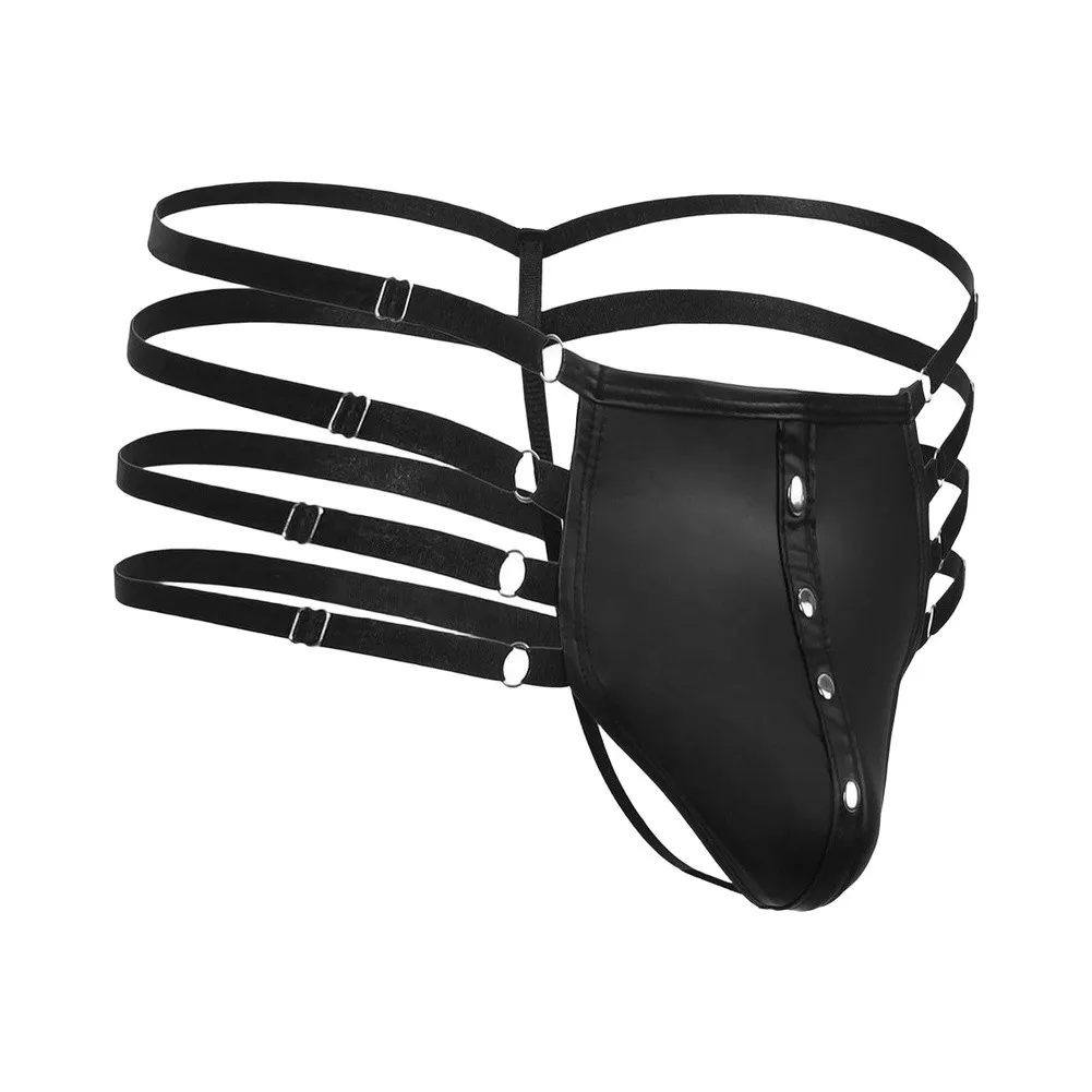 Men Faux Leather G-String Underwear Bulge Pouch Adjustable Elastic Bands Thongs Sexy T-Back Thong Erotic Lingerie Panties