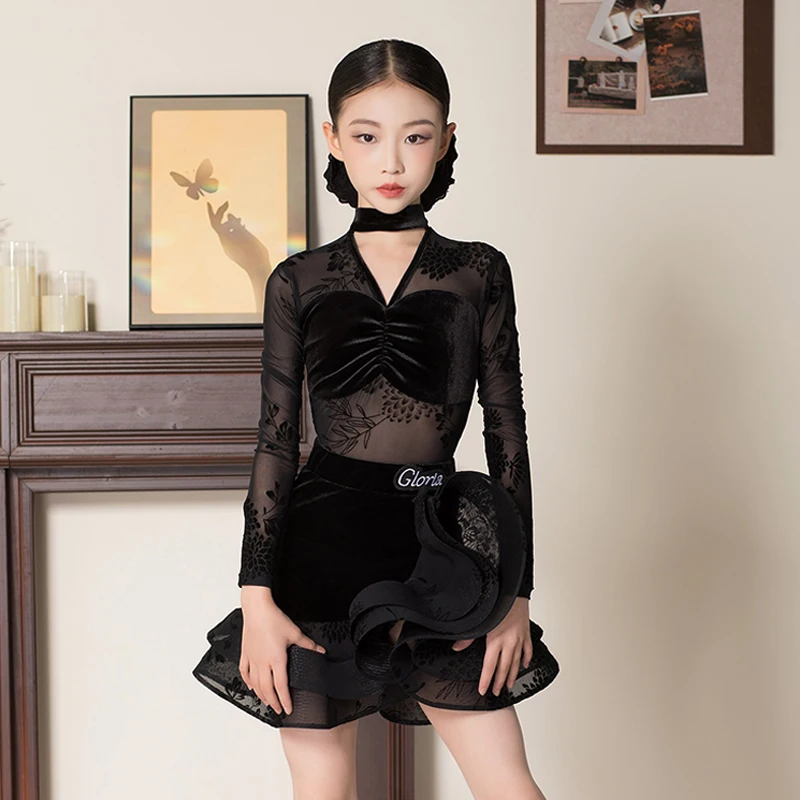 Latin dansjurk voor meisjes Tango Rumba prestatiepak Zwarte V-hals bodysuit Ruche rok Kid Latin Outfit Oefenkleding 4170