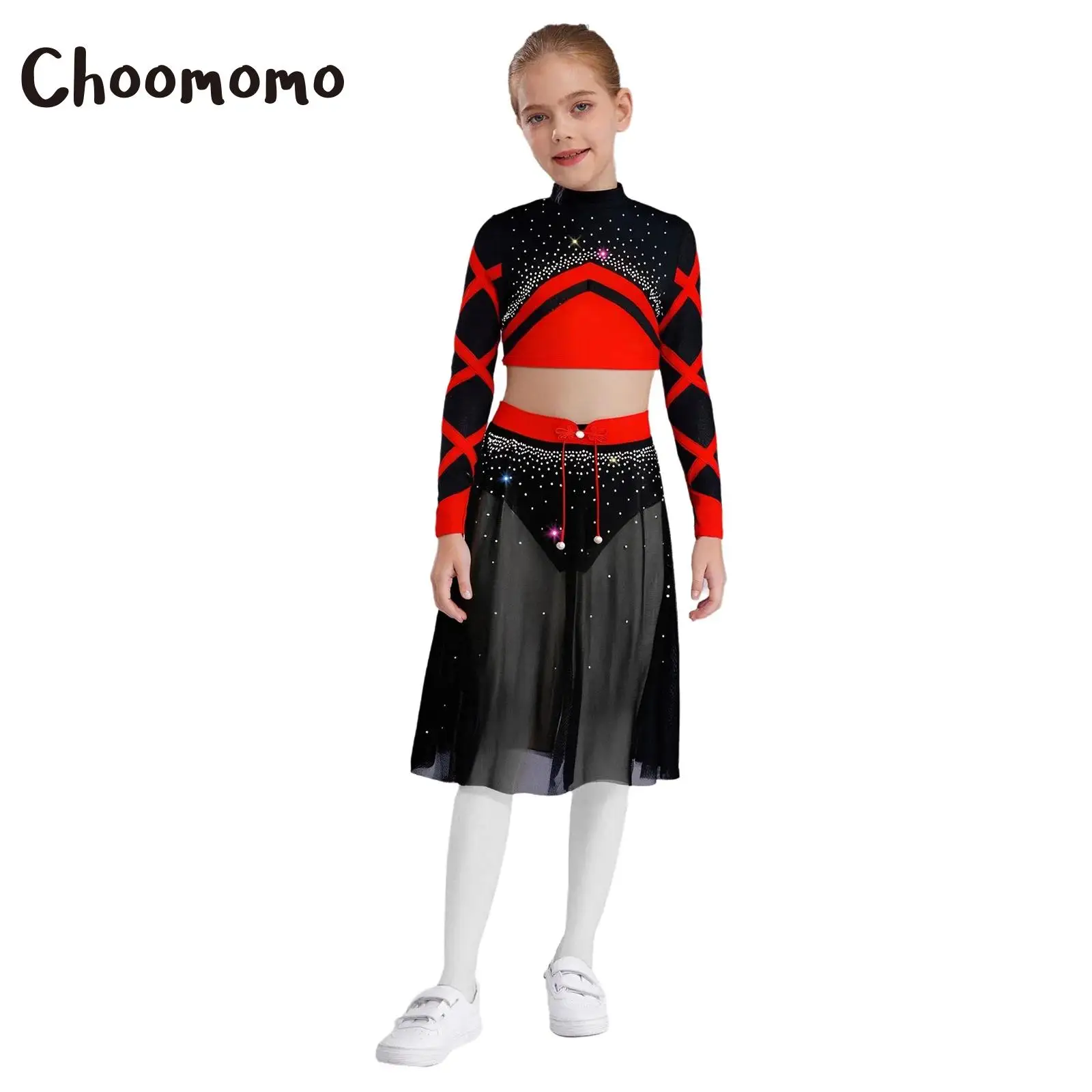 

Kids Girls Ballet Dance Outfit Lyrical Sets Stage Performance Costumes Long Sleeve Keyhole Back Rhinestones Crop Top Mesh Skirt