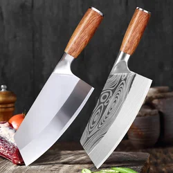 Meat Cleaver Stainless Steel Slicing Knife Laser Damascus Pattern Meat Chopping Butcher Knife Wood Handle Kitchen Chef Knife