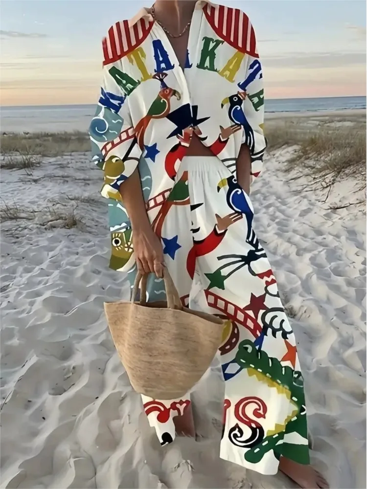 

Модный комплект с принтом для женщин, повседневная рубашка с длинным рукавом + широкие брюки с высокой талией, комплекты из 2 предметов для женщин, праздничная одежда, новинка